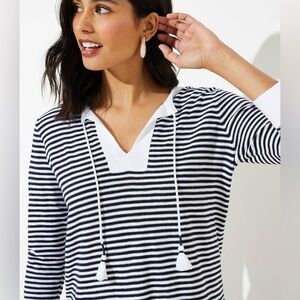 LOFT Black Stripe Tasseled Tie Neck Tunic Sweater size XXS
